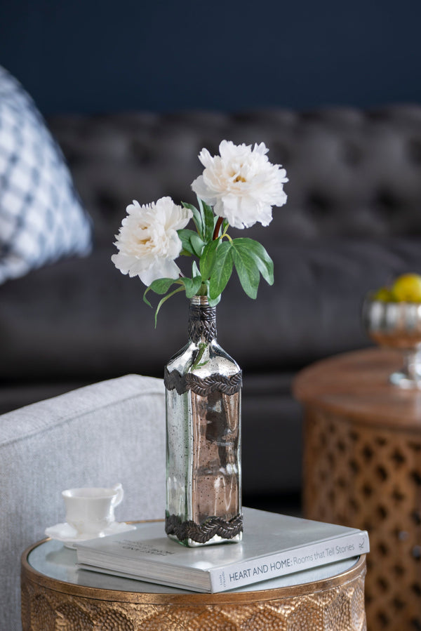 D3x12' Antique Silver Decorative Glass Bottle Vase with Bro…