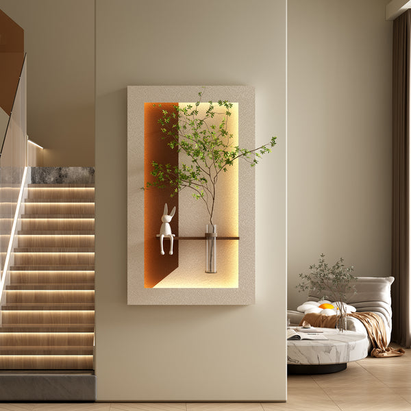 Adjustable 3-Color LED Sandstone Wall Decor with Simulated Green Plants - 3D Art Sculpture, Glass Vase & Rabbit Statue, Remote Control Light Strips for Living Room, Bedroom, Hallway