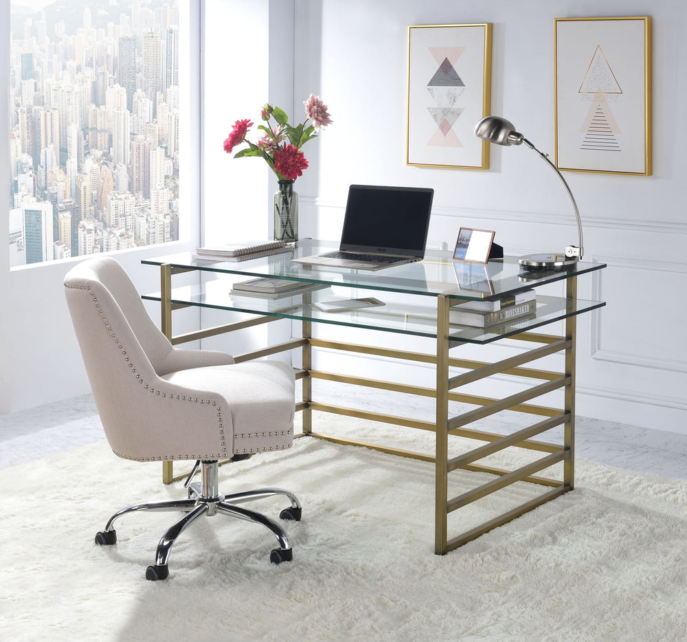 Shona Clear Glass Top & Antique Gold Finish Writing Desk