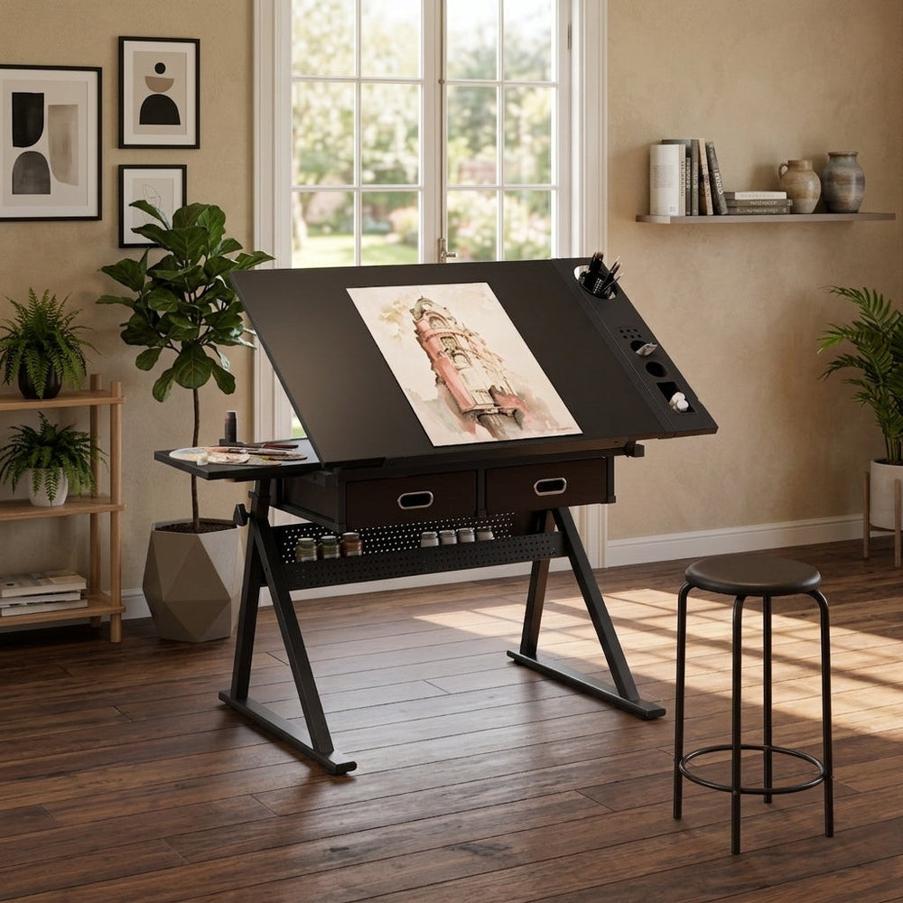 adjustable drawing drafting table desk with 2 drawers for h…
