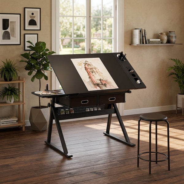 adjustable drawing drafting table desk with 2 drawers for h…
