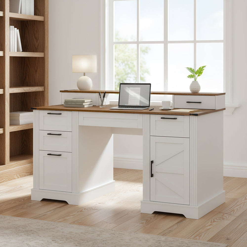 59" Farmhouse Office Desk With Charging Station & Storage C…