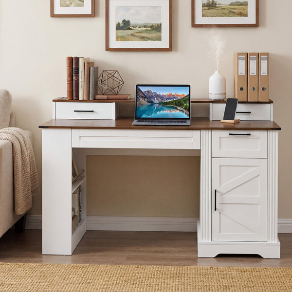 55" Farmhouse Office Desk with Storage Cabinet & Charging S…