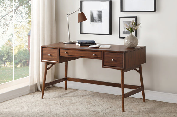 Brown Finish Stylish Writing Desk Storage Drawers Nickel Kn…