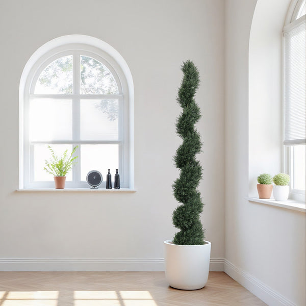 6FT single-color spiral-shaped potted cedar tree, a realist…