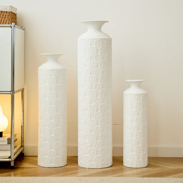 3-Piece Modern Metal Floor Vase Set, Textured White, 33.46'…