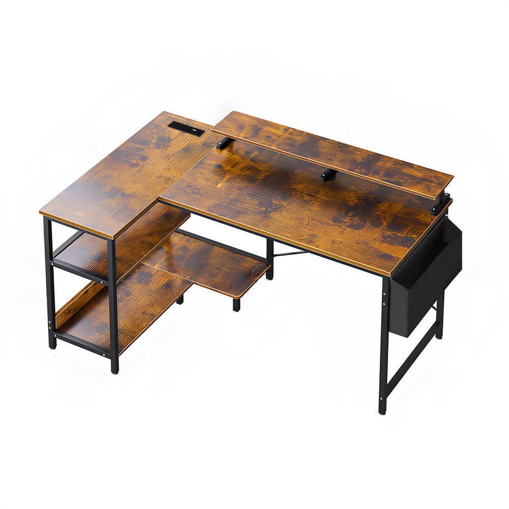 L-Shaped Gaming Desk with Power Hub & Monitor Stand
