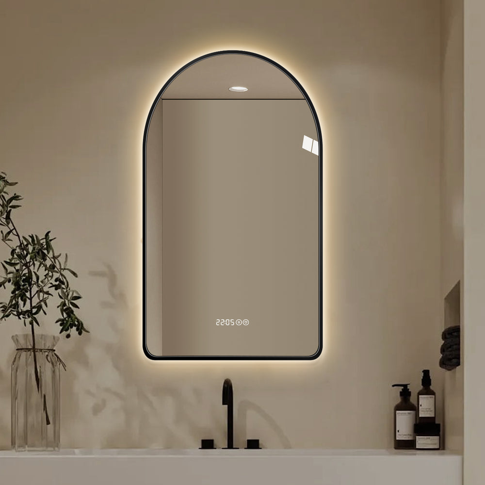 28'x48'Arched LED Mirror for Bathroom,Time and temperature display, Backlight, Anti-Fog, Dimmable, with Three Color Temperatures- Modern Vanity Light Mirror,  Perfect for over Sink,Black Frame