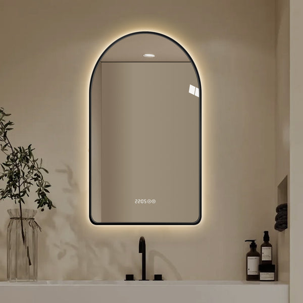 28'x48'Arched LED Mirror for Bathroom,Time and temperature display, Backlight, Anti-Fog, Dimmable, with Three Color Temperatures- Modern Vanity Light Mirror,  Perfect for over Sink,Black Frame