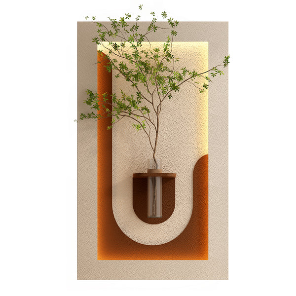 Adjustable 3-Color LED Sandstone Wall Decor with Simulated Green Plants, Glass Vase & Rabbit Statue in Light Coffee PVC Material, 23.62 x 41.34 x 4.72 inches
