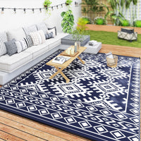 Outsunny Outdoor Patio Rug, Large Camping Carpet with Carrying Bag, 9' x 12' Waterproof Plastic Straw, Reversible, Blue & White Rhombus Border