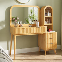 48' Fluted Makeup Vanity Desk with Large 32' Mirror, Modern Glass Top Big Vanity Table with 4 Drawers & Storage Cabinet, Dressing Table Set w/Charging Station for Bedroom, Natural