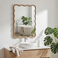 Natural Wood Color 20'x30' Wavy Rectangle Solid Wood Frame Decorative Mirror,For Bedroom, Bathroom, Living Room, Entryway