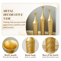 Set of 3 Gold Metal Floor Vases, 27.56'/31.5'/35.43' Tall H…