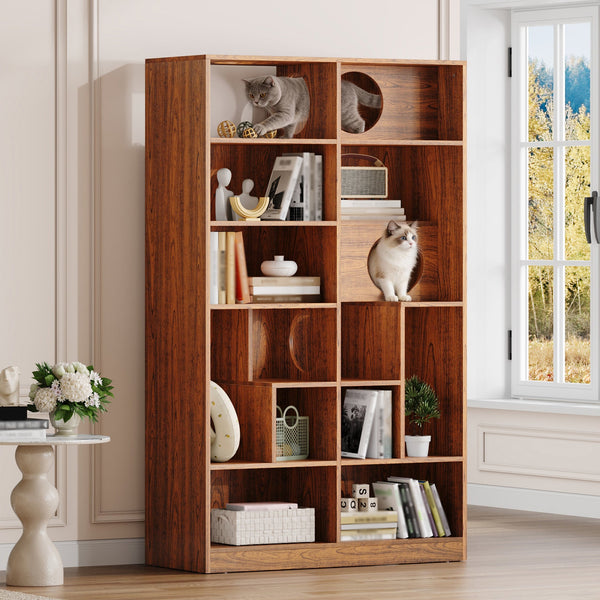 Modern 2 IN 1 Wood Bookshelf Cat House, Cat Tree Display Ca…
