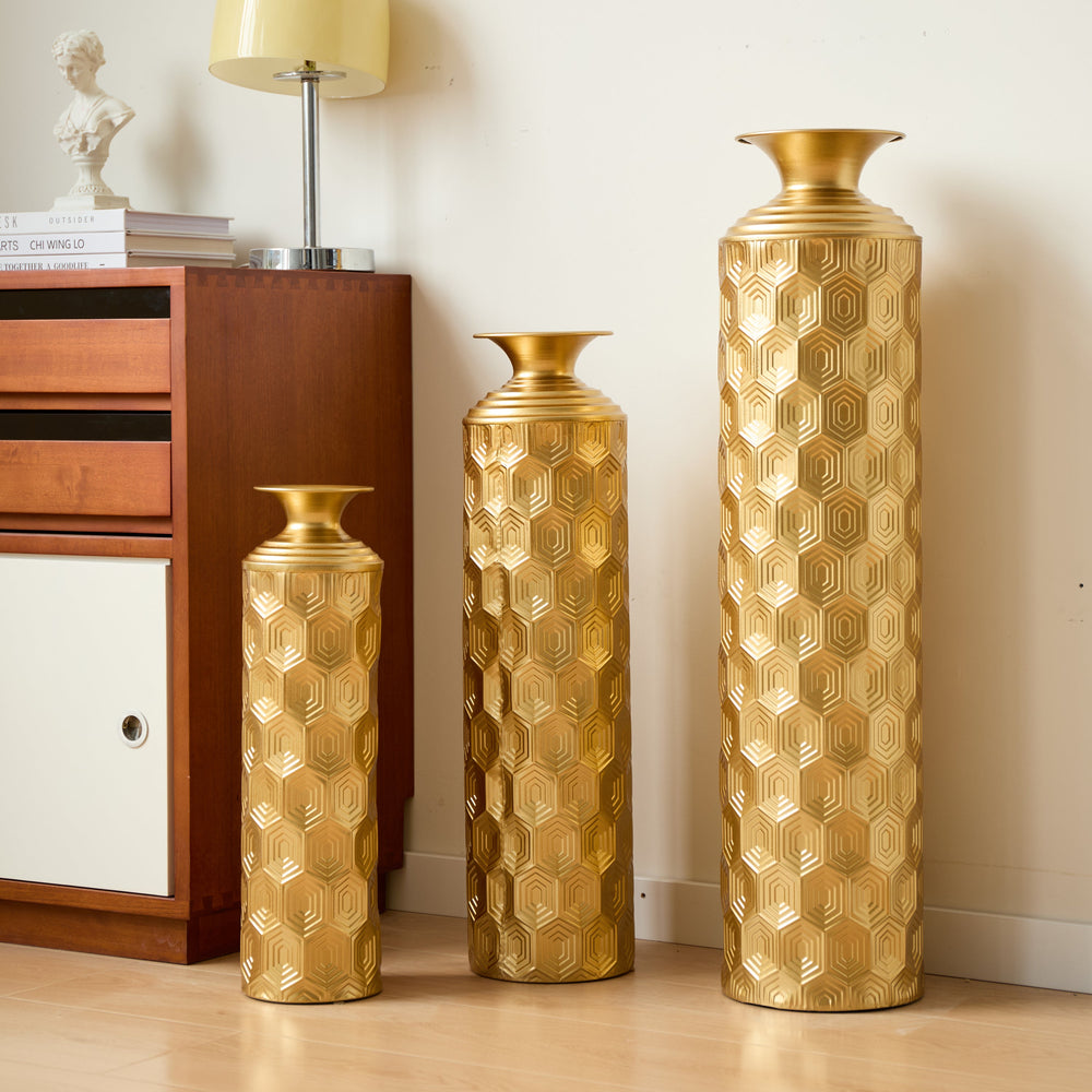 3-Piece Modern Gold Metal Floor Vase Set, Hexagon Textured,…