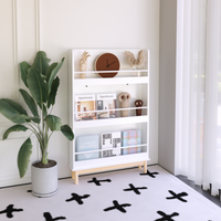 Modern White Wall-Mounted Kids Bookshelf with Natural Wood…