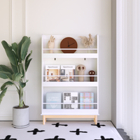 Modern White Wall-Mounted Kids Bookshelf with Natural Wood…