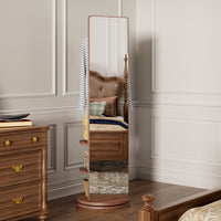360° Rotating 66'x17.8' Multifunctional Full Length Mirror with Hook Storage Rack Coat Rack with Mirror Solid Wood Floor Mirror Bedroom Living Room Cloakroom Space Saving (walnut)