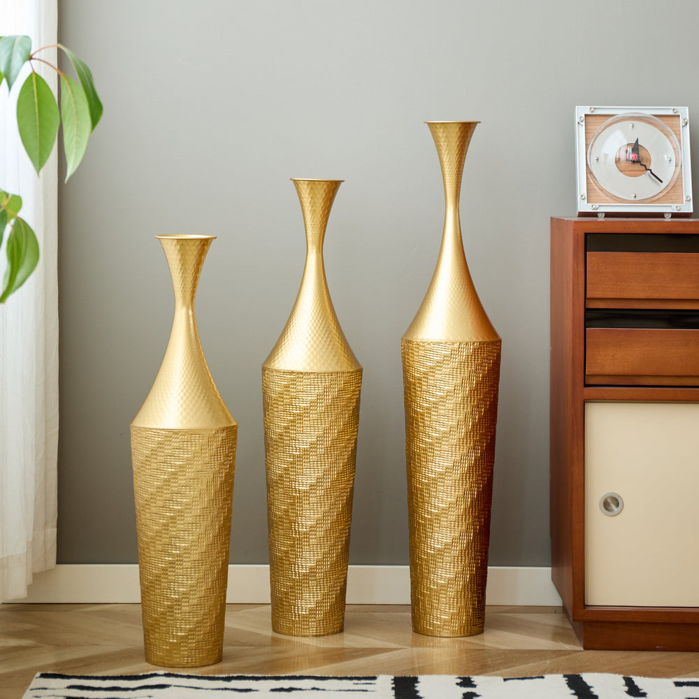 Set of 3 Gold Metal Floor Vases, 27.56'/31.5'/35.43' Tall H…