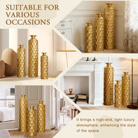 3-Piece Modern Gold Metal Floor Vase Set, Hexagon Textured,…