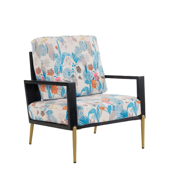 Mid-Century Modern Blue Floral Armchair with Solid Wood Fra…