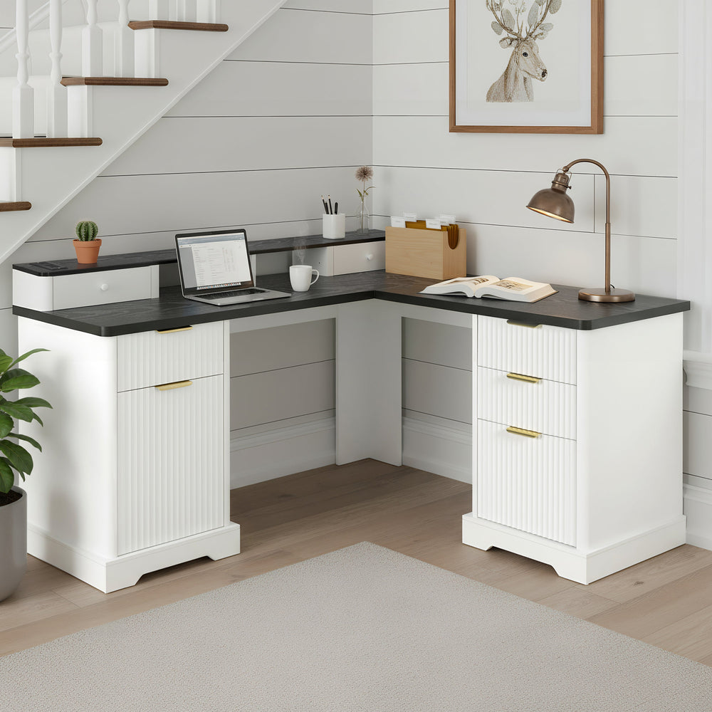 59" Modern Fluted L-Shaped Desk with Charging Station & Sto…