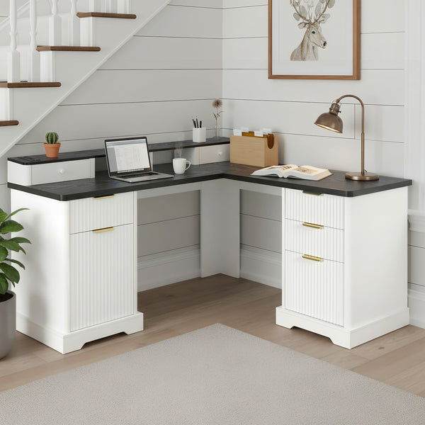 59" Modern Fluted L-Shaped Desk with Charging Station & Sto…