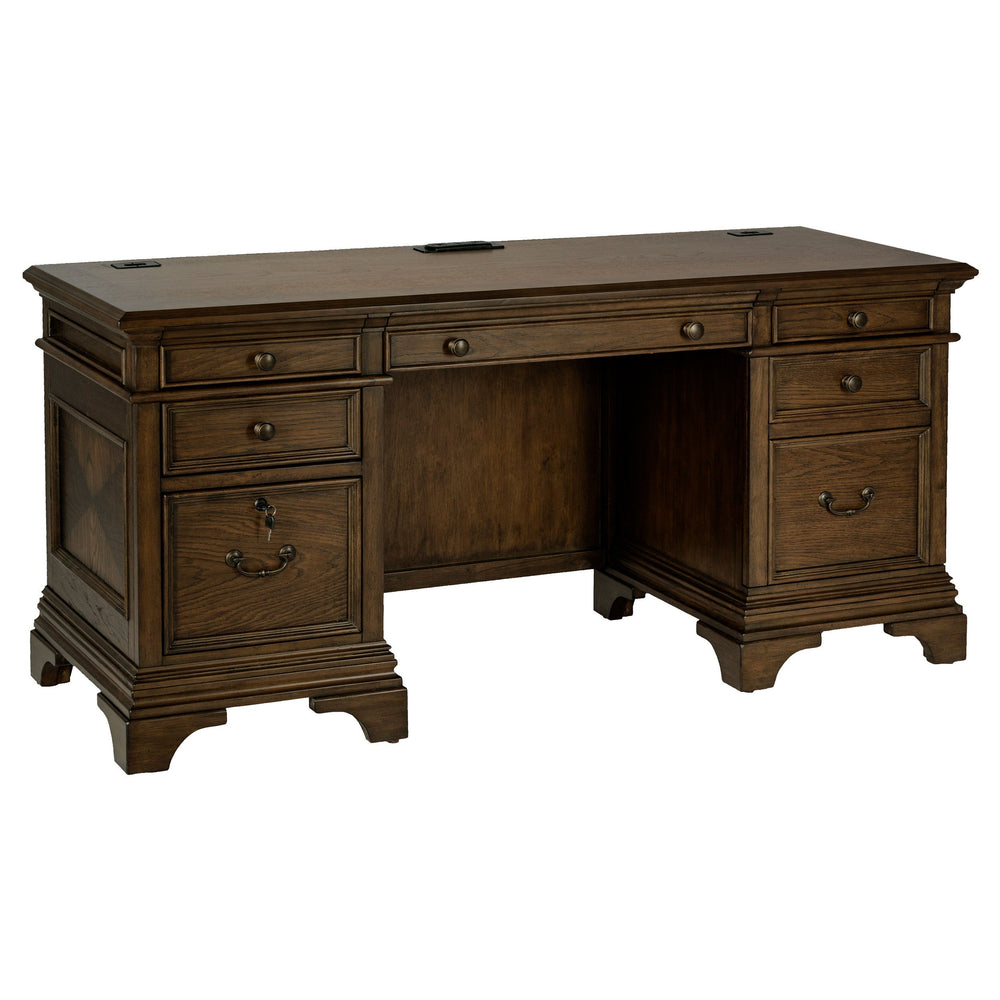 Stigham Burnish Oak 5-Drawer Credenza Office Desk in Warm O…